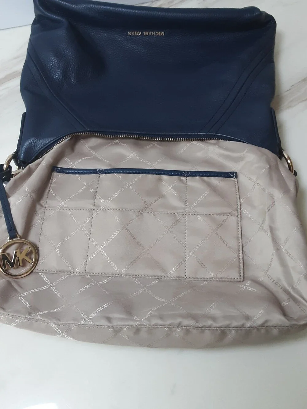 MICHAEL KORS Aria Navy Blue Pebble Leather Hobo Shoulder Bag - EUC